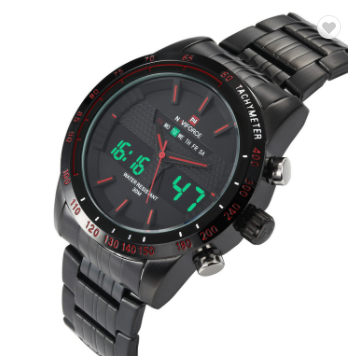 NAVIFORCE 9024 BBR Mens water resistant Sports Watches Full Steel LED Digital Analog Military Quartz Wrist watch Men Clock