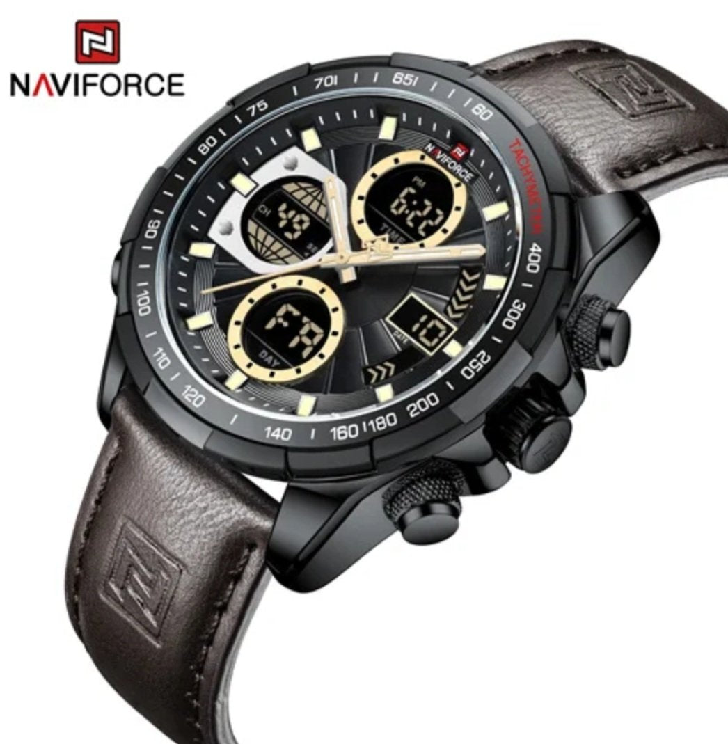 NAVIFORCE 9197L Men’s Leather Digital Watch with Calendar