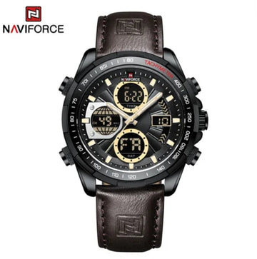 NAVIFORCE 9197L leather watch with digital calendar display