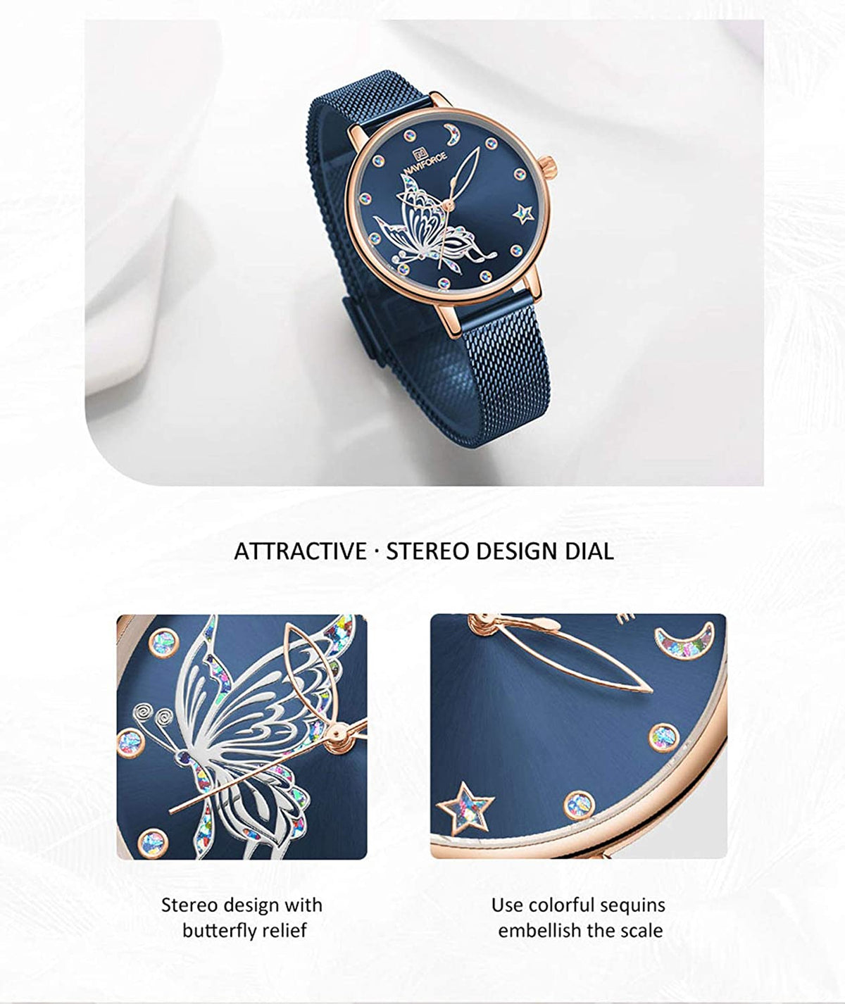 NAVIFORCE 5011 Women Watches Luxury Brand Vivid Butterfly Watch Fashion Quartz Ladies Mesh Stainless Steel Water Resistant Gift Watch