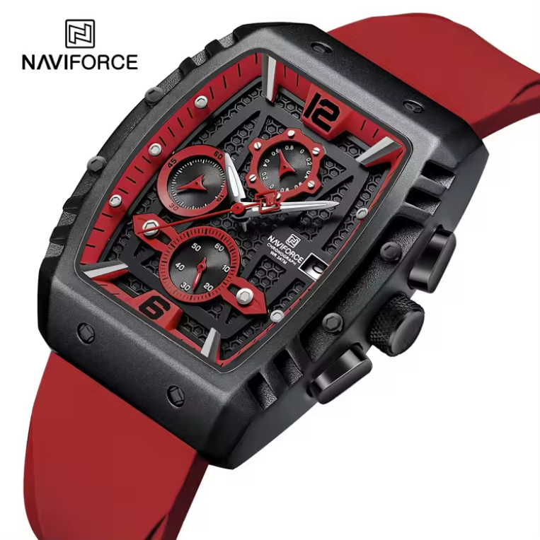NAVIFORCE 8025 BRR New men watches Sport Quartz Chronograph Red Fumed Silica band with date 30m water resistant wristwatch