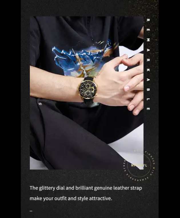 NAVIFORCE 9197L GBB Men Leather Watches Casual Fashion Water Resistant Lcd Digital Week Display Calendar wristwatch