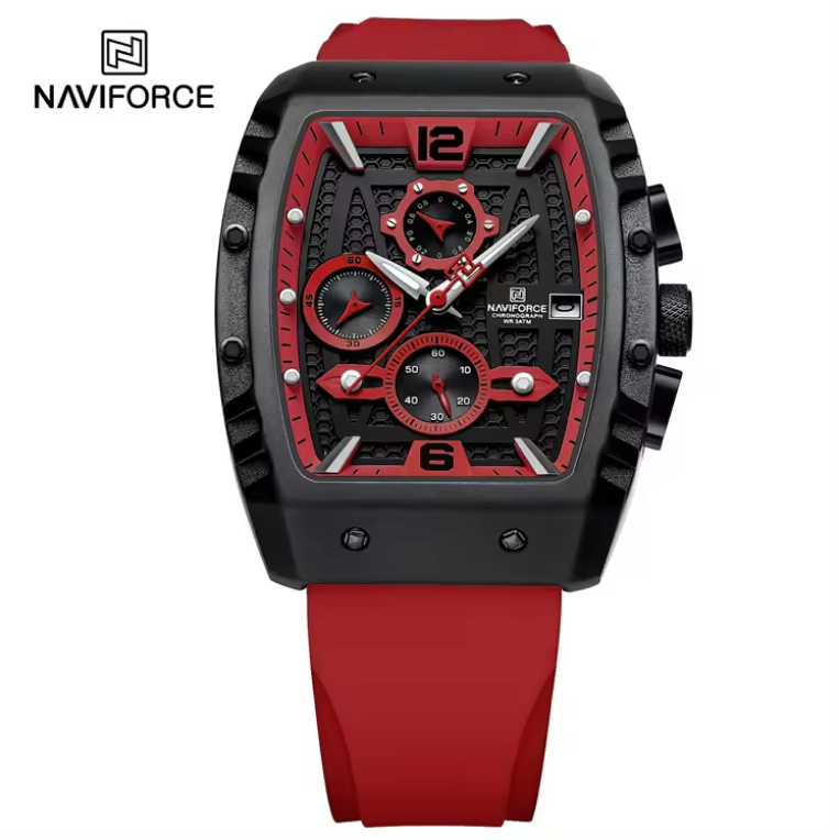 NAVIFORCE 8025 BRR New men watches Sport Quartz Chronograph Red Fumed Silica band with date 30m water resistant wristwatch