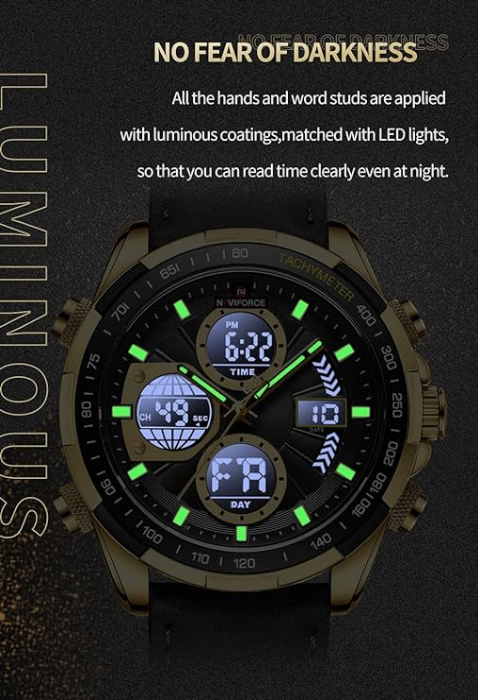 NAVIFORCE 9197L GBB Men Leather Watches Casual Fashion Water Resistant Lcd Digital Week Display Calendar wristwatch