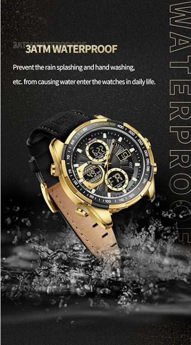 NAVIFORCE 9197L GBB Men Leather Watches Casual Fashion Water Resistant Lcd Digital Week Display Calendar wristwatch