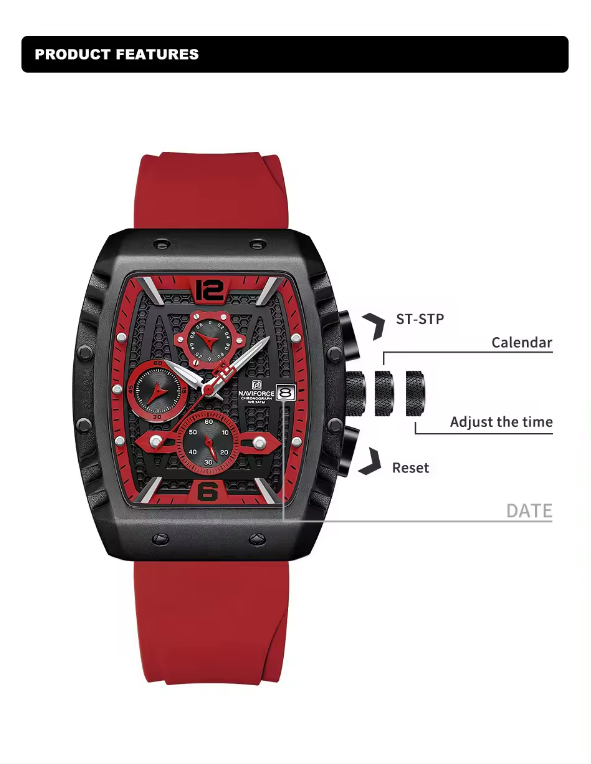 NAVIFORCE 8025 BRR New men watches Sport Quartz Chronograph Red Fumed Silica band with date 30m water resistant wristwatch