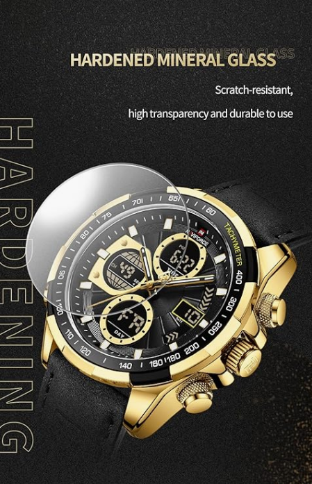 NAVIFORCE 9197L GBB Men Leather Watches Casual Fashion Water Resistant Lcd Digital Week Display Calendar wristwatch