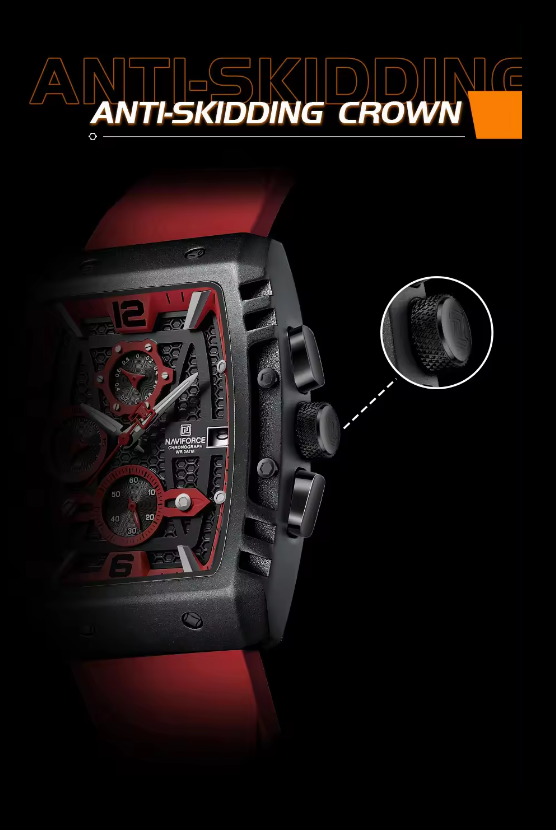 NAVIFORCE 8025 BRR New men watches Sport Quartz Chronograph Red Fumed Silica band with date 30m water resistant wristwatch