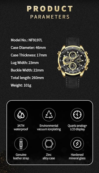 NAVIFORCE 9197L GBB Men Leather Watches Casual Fashion Water Resistant Lcd Digital Week Display Calendar wristwatch
