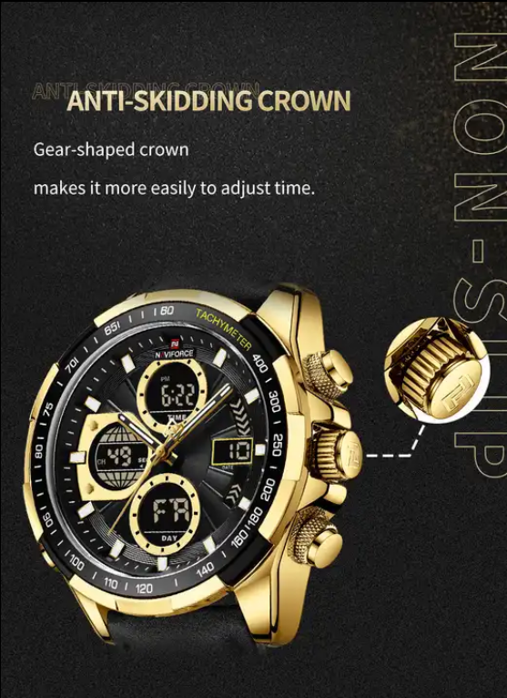 NAVIFORCE 9197L GBB Men Leather Watches Casual Fashion Water Resistant Lcd Digital Week Display Calendar wristwatch