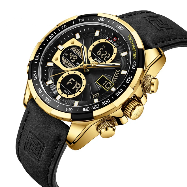NAVIFORCE 9197L GBB Men Leather Watches Casual Fashion Water Resistant Lcd Digital Week Display Calendar wristwatch