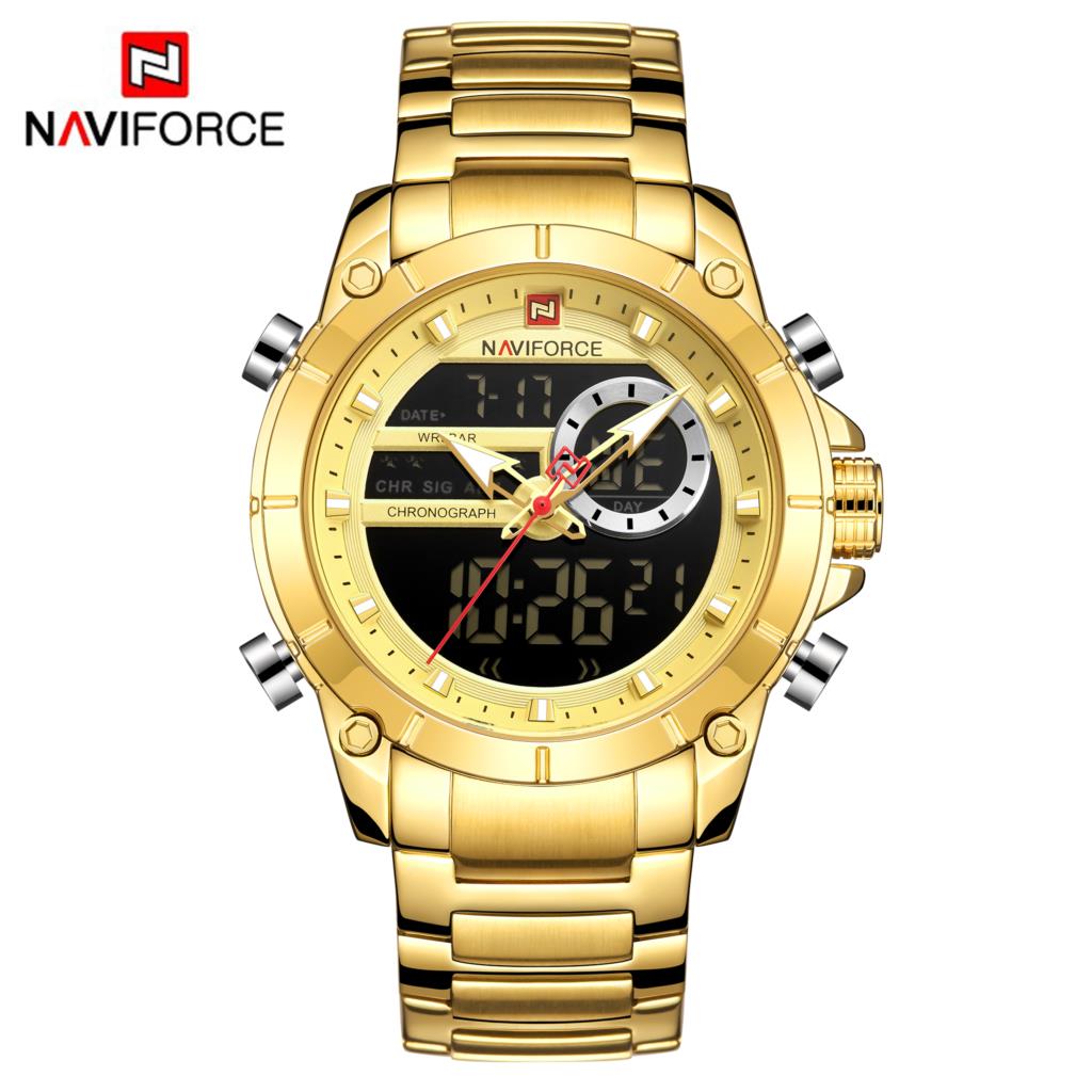 NAVIFORCE 9163 Sport Watches Fashion Nice Digital Quartz Steel Water Resistant Dual Display Date Men Gold Watch