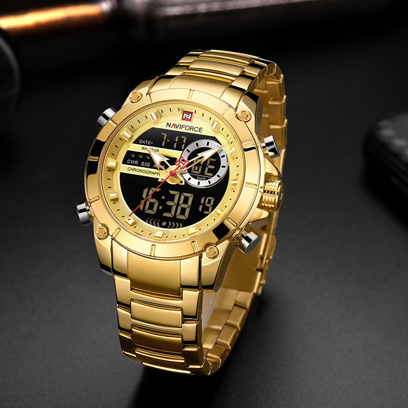 NAVIFORCE 9163 Sport Watches Fashion Nice Digital Quartz Steel Water Resistant Dual Display Date Men Gold Watch