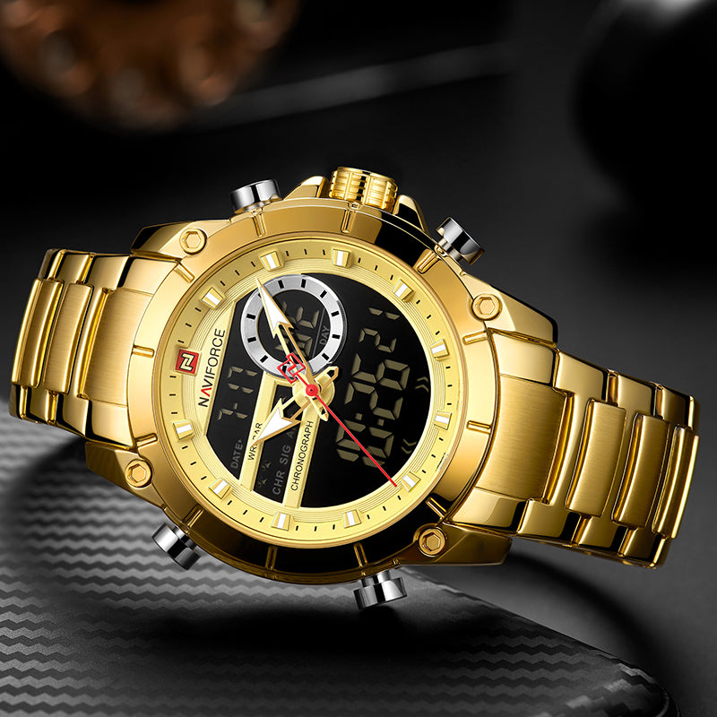 NAVIFORCE 9163 Sport Watches Fashion Nice Digital Quartz Steel Water Resistant Dual Display Date Men Gold Watch