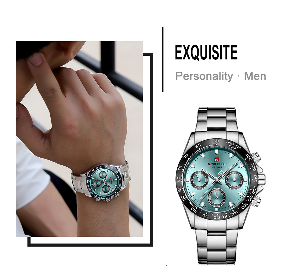 NAVIFORCE 9193 SBBE Men 3ATM Water Resistant Watches 24 Hour Date Week Quartz Wrist Watches Stainless Steel unisex Relogio