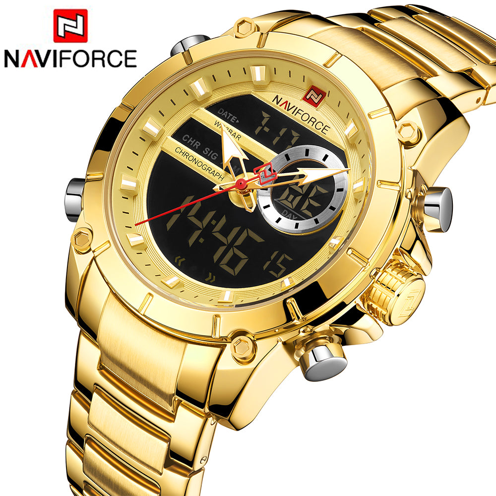 NAVIFORCE 9163 Sport Watches Fashion Nice Digital Quartz Steel Water Resistant Dual Display Date Men Gold Watch