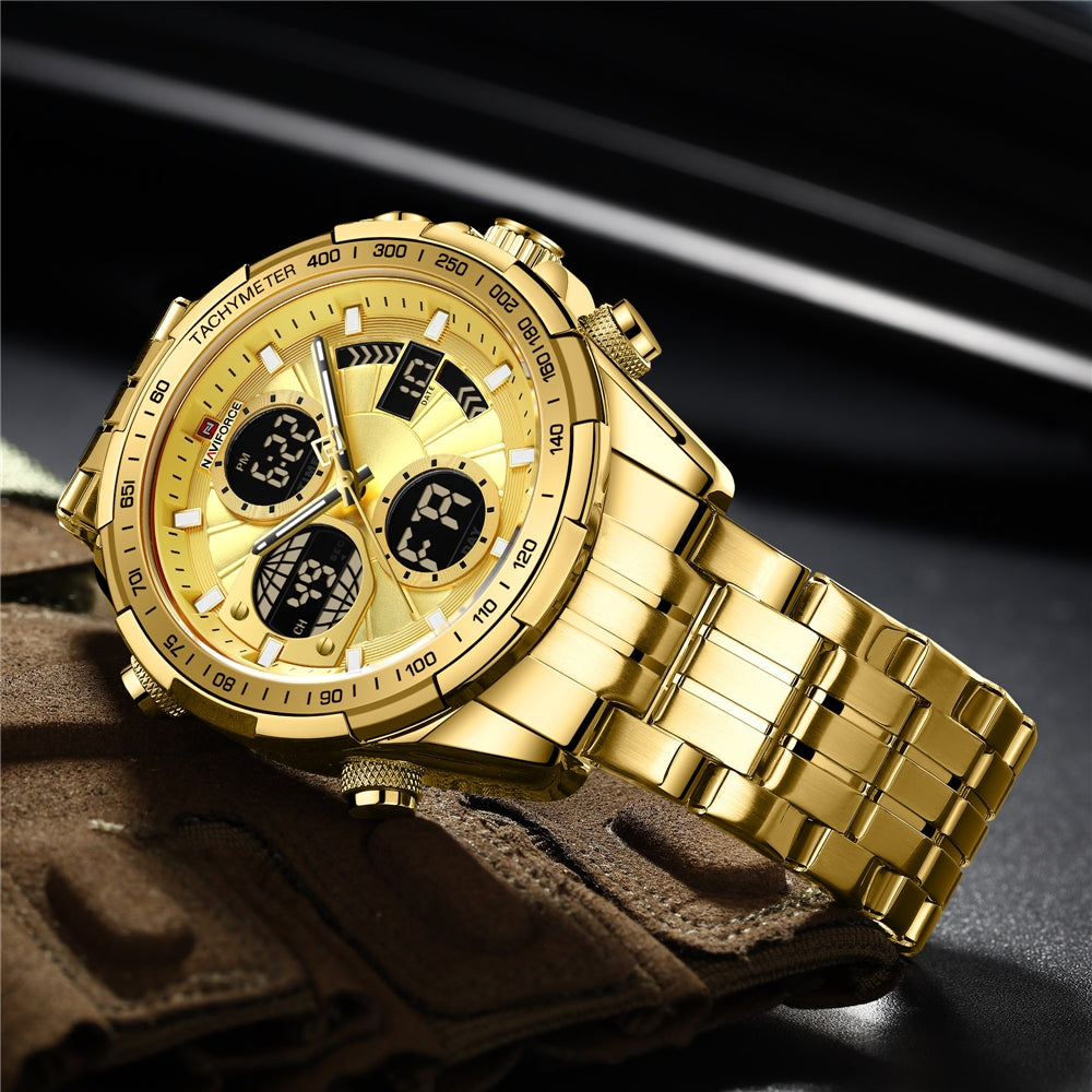 NF 9197S Quartz Watch For Mens Classic Lcd Digital Water Resistant Sport Stainless Steel Men Wrist Watch