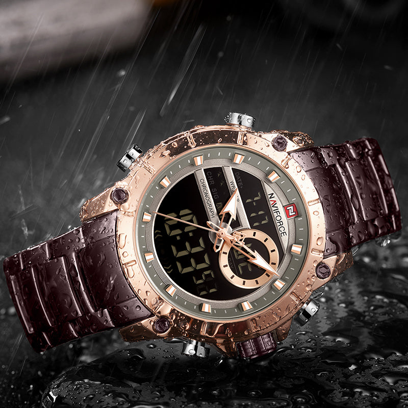 NAVIFORCE 9163 Sport Watches Fashion Nice Digital Quartz Steel Water Resistant Dual Display Date Men Gold Watch