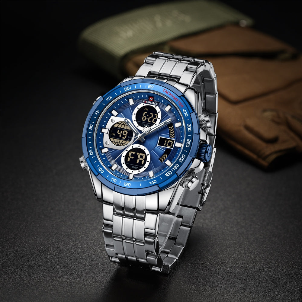NF 9197S Quartz Watch For Mens Classic Lcd Digital Water Resistant Sport Stainless Steel Men Wrist Watch