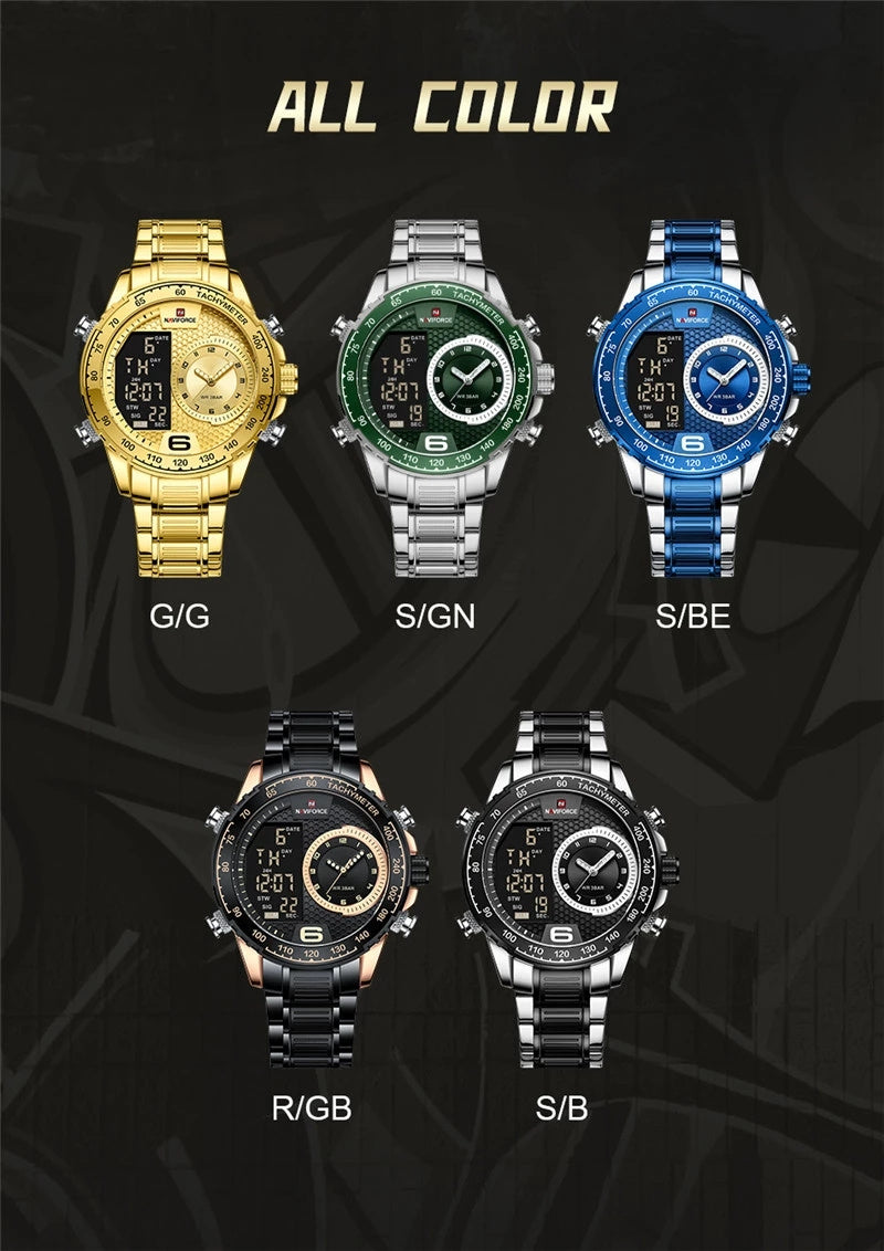 montre Naviforce 9199 S New Luxury Watch for Men Stainless Steel Dual Display Water Resistant Military Sports Quartz Wrist Watches