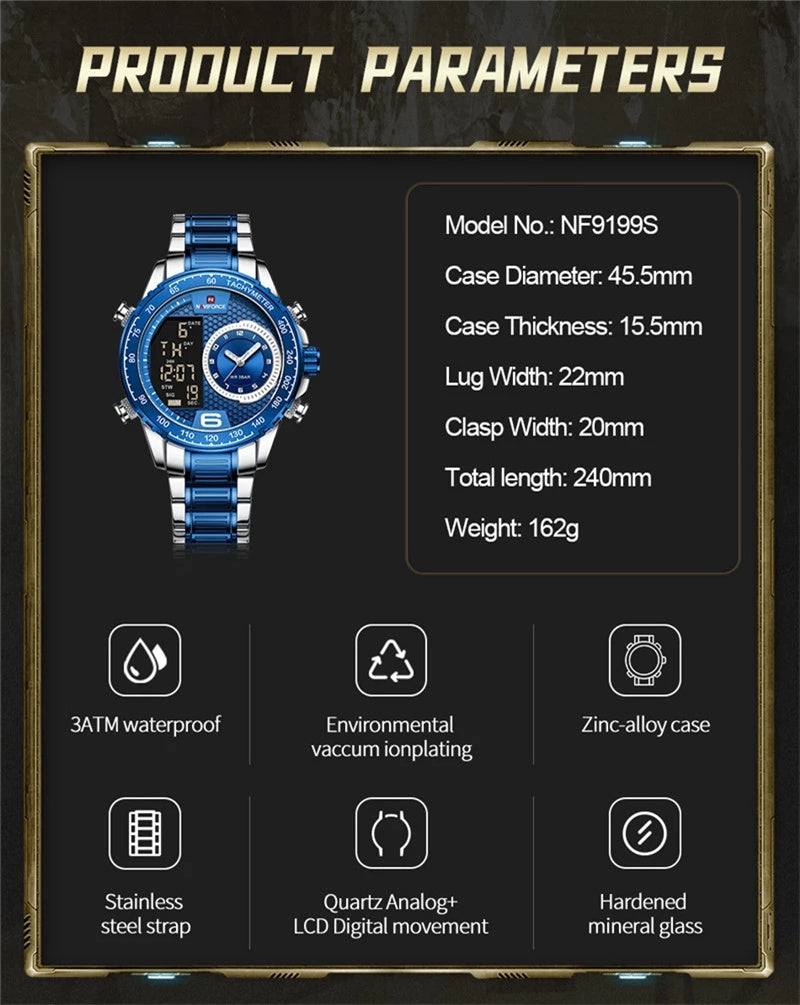 montre Naviforce 9199 S New Luxury Watch for Men Stainless Steel Dual Display Water Resistant Military Sports Quartz Wrist Watches