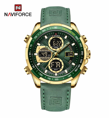 NAVIFORCE 9197L gold-tone military watch with green leather strap