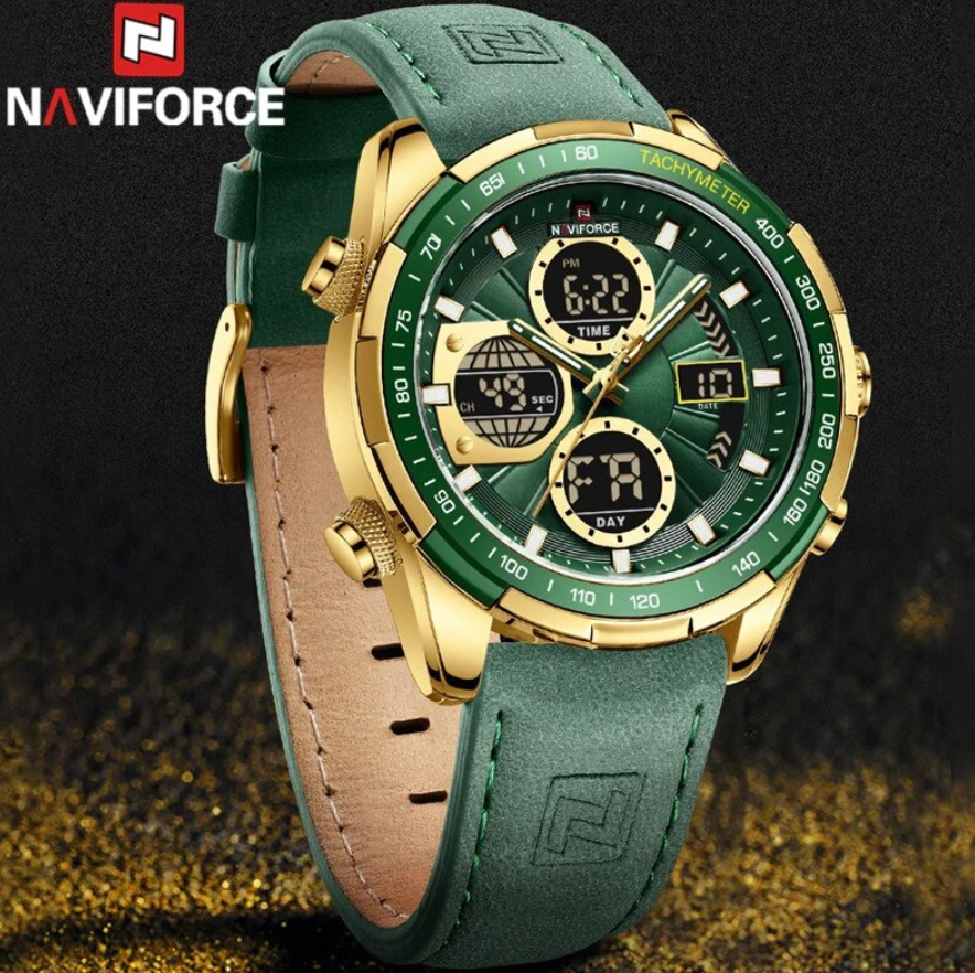 NAVIFORCE 9197L Gold Military Watch with Green Leather Strap