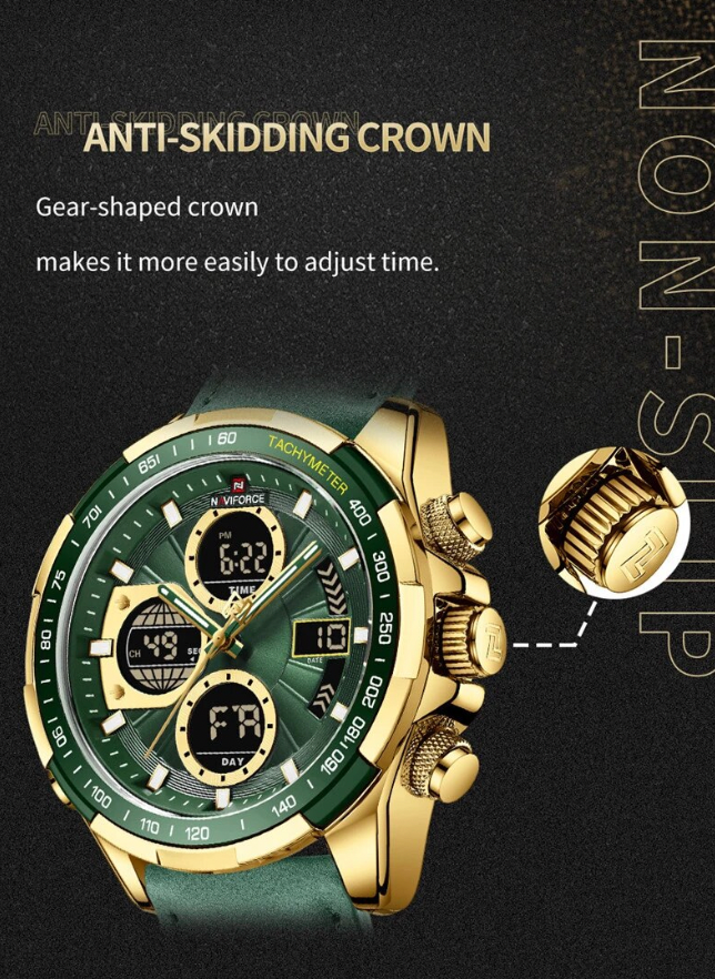 NAVIFORCE 9197L Gold Military Watch with Green Leather Strap