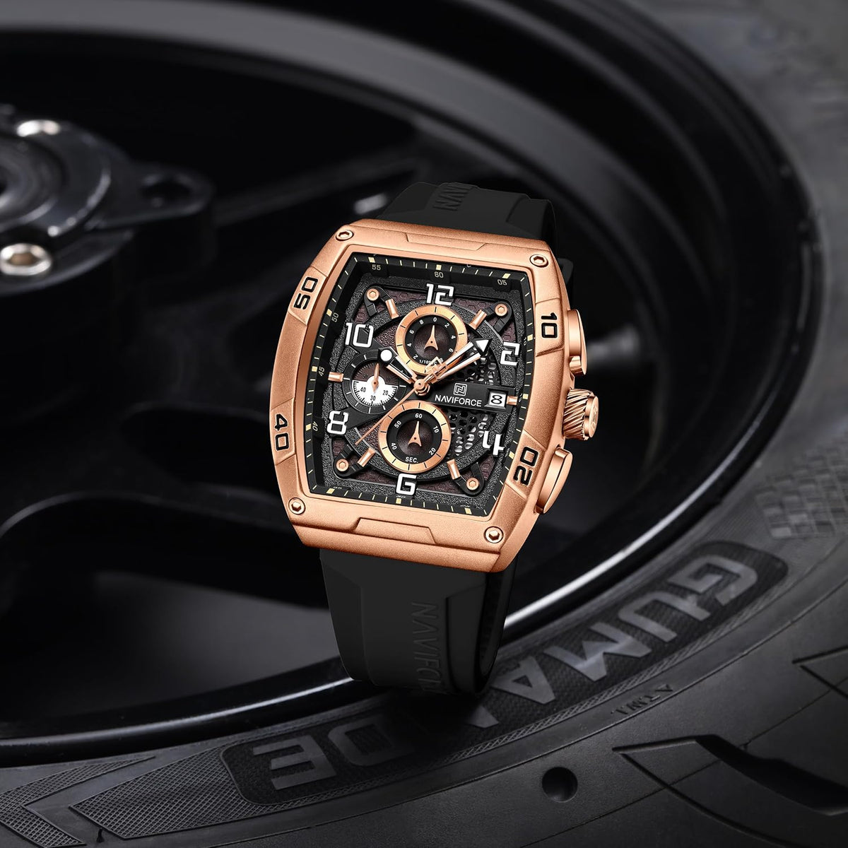NAVIFORCE NF8052 chronograph watch on a motorcycle tyre