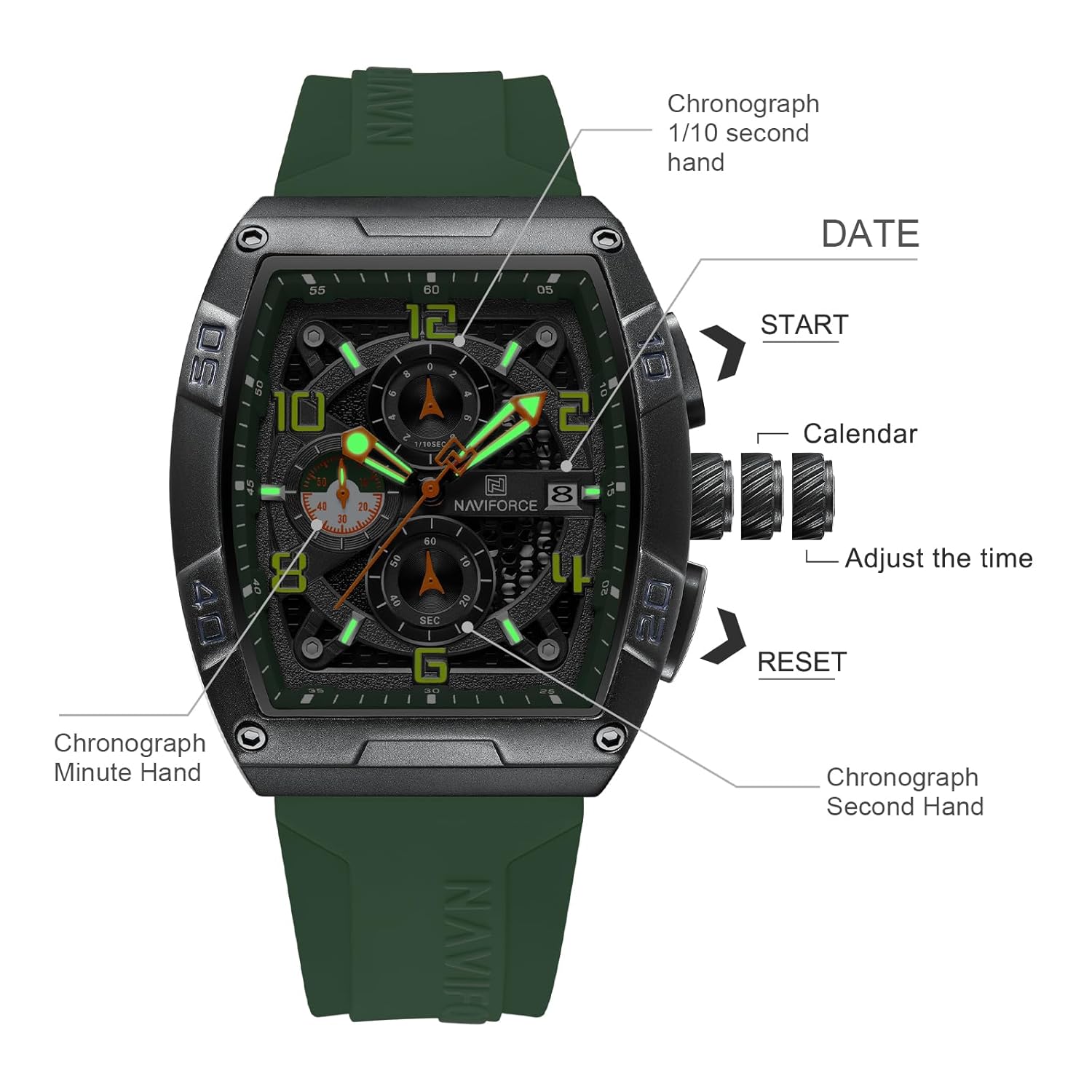 NAVIFORCE NF8052 Green Black watch angle view NAVIFORCE NF8052 Green Black watch angle view