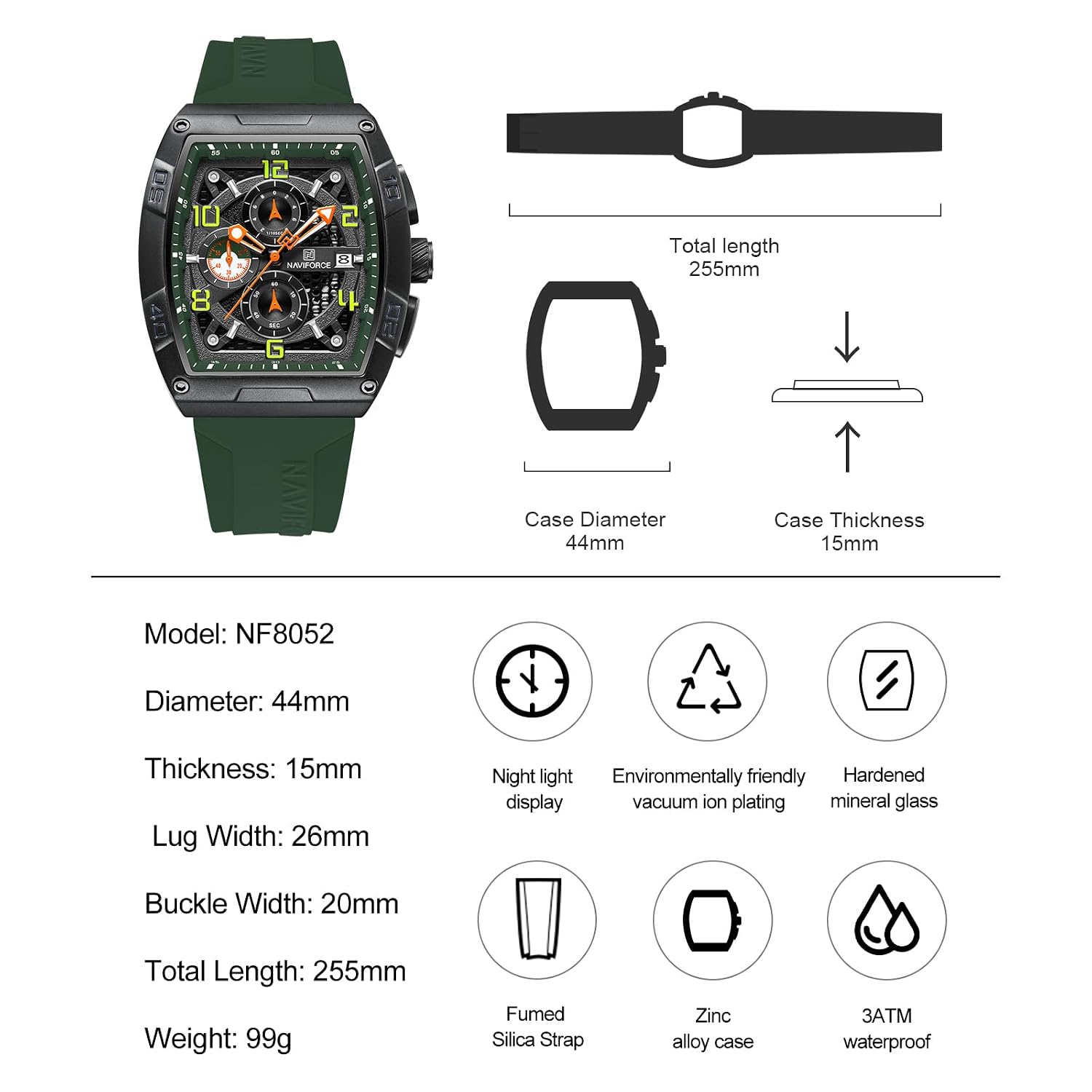 NAVIFORCE NF8052 Green Black watch crown detail NAVIFORCE NF8052 Green Black watch crown detail